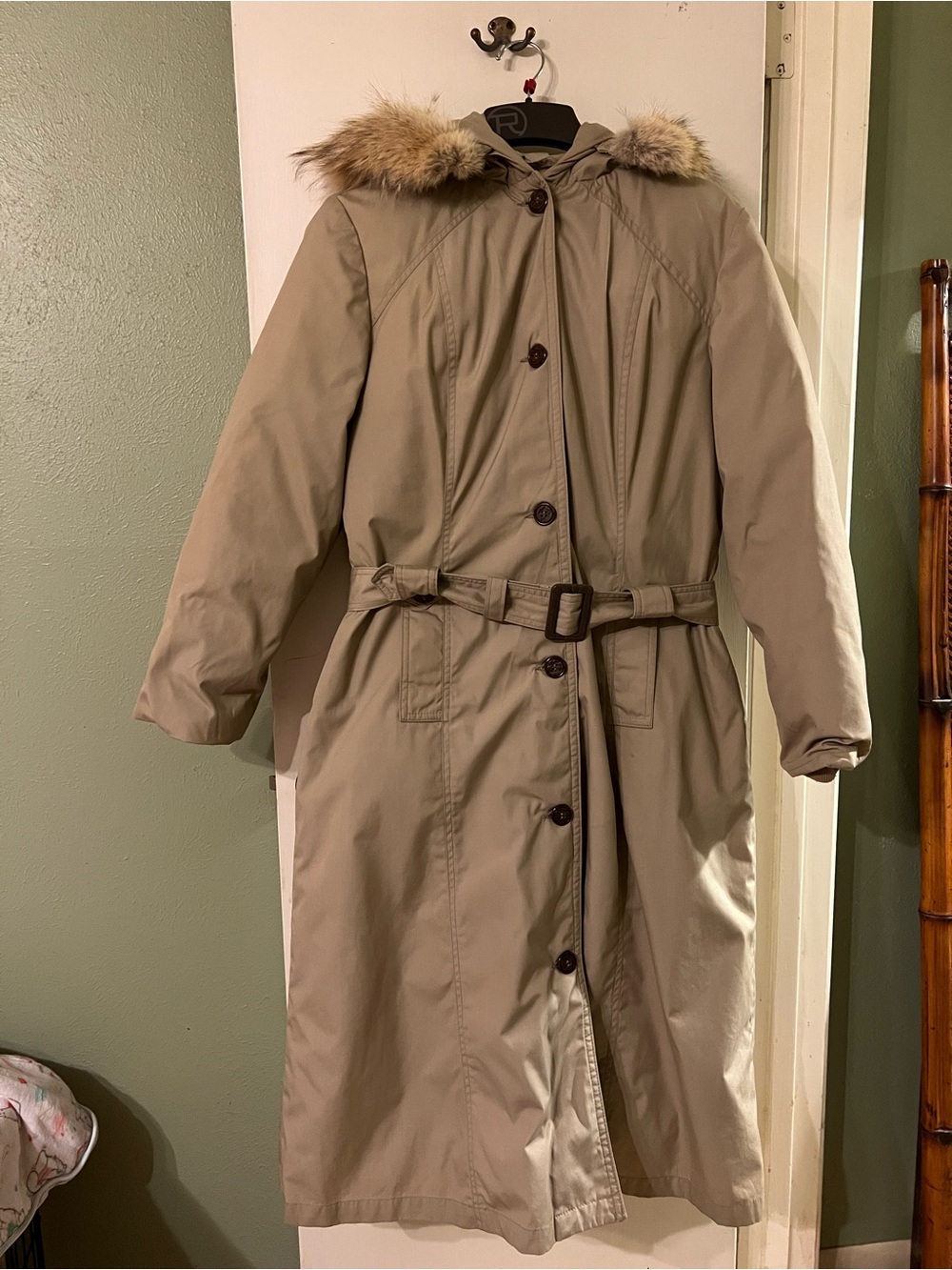 EDDIE BAUER Goose Down Long Trench Puff Jacket Removable Fox Fur Trim Size M-L